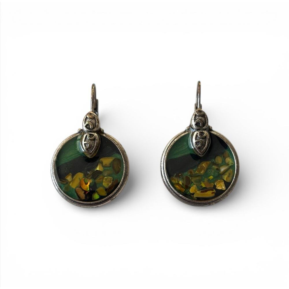 Vintage Handmade Green Mosaic Round Dangle Earrings - Tarnished Silver